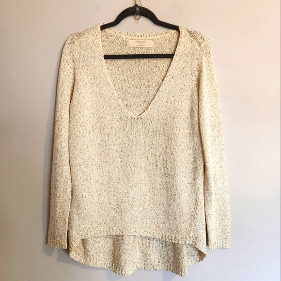 Zara Knit V-Neck Sweater with Gold Shimmer Flecks – Size Large - Picture 2 of 9